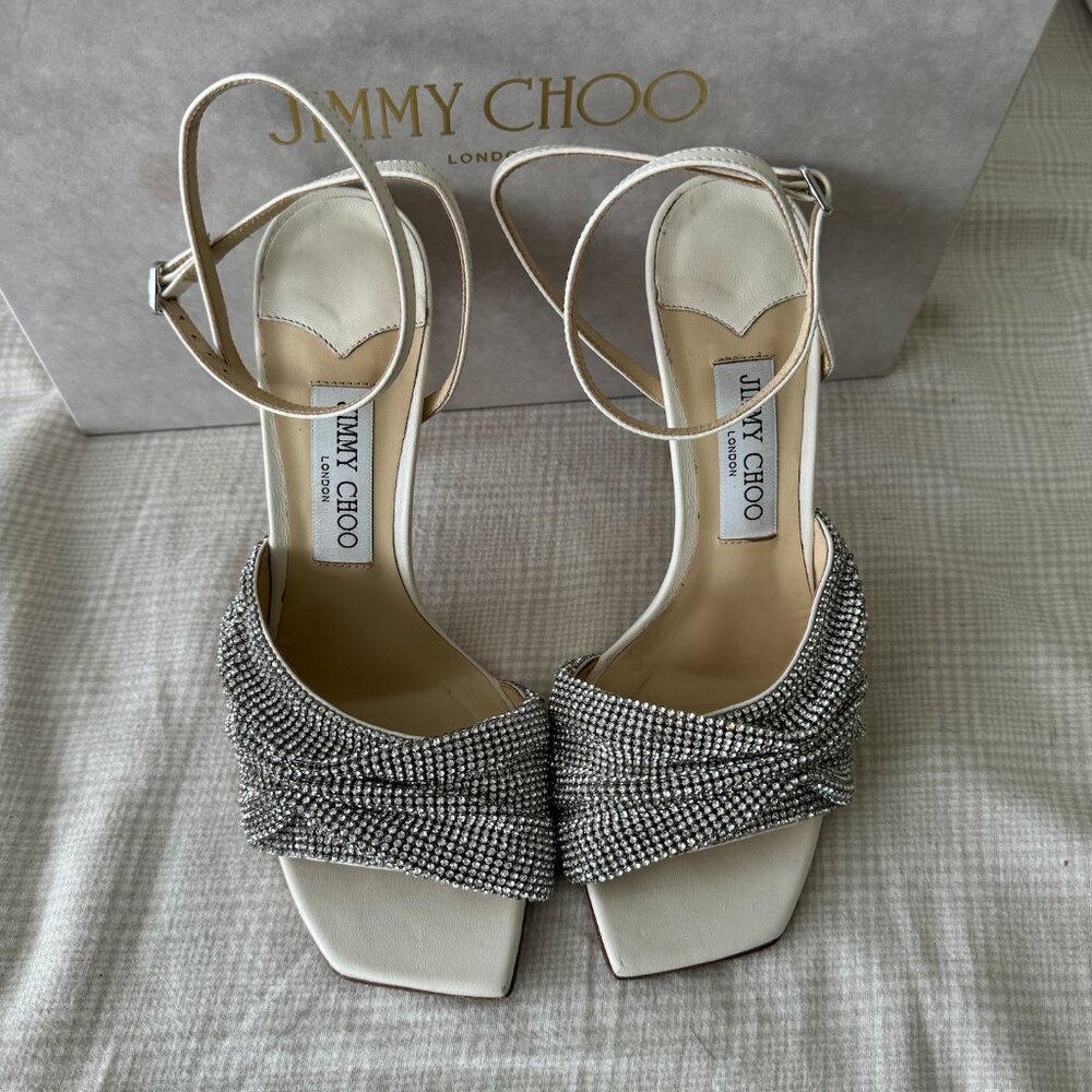JIMMY CHOO Naria 110 Crystal-Embellished Leather Sandals White Size 39 - Picture 3 of 5